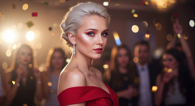 Woman with platinum blonde sleek updo and diamond earrings at formal red carpet event. Elegant hair styling and chignon techniques for special occasions and evening beauty services