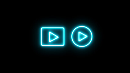 Glowing neon line Play button icon on the black background.