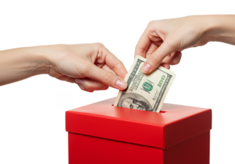 Donation Photo Hands Giving Dollar to Charity Box on Background