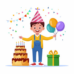 Birthday Celebration: Joyful Illustration of a boy embracing the celebratory spirit, holding balloons and surrounded by a cake and gift.