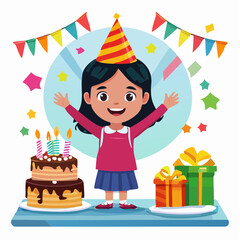 Festive Birthday Celebration: A happy girl with a party hat celebrates her birthday, surrounded by a cake, presents and festive decorations.