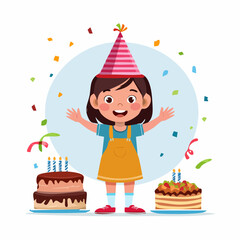 Birthday Girl's Joy: An illustration captures the joyful scene of a young girl celebrating her birthday, surrounded by cake and party confetti, expressing excitement.