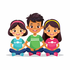 Unity and Joyful Friendship: A cheerful trio of children, diverse in appearance and full of smiles, sitting in the lotus position with their hands clasped.