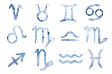 Collection of watercolor astrology signs. Set of hand drawn watercolor brush zodiac signs.