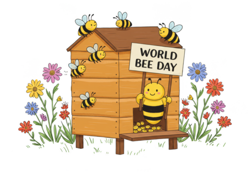 Cute Bee Cartoon Illustration With Beehive Flowers Transparent Background - Powered by Adobe