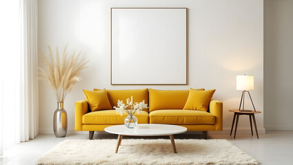Modern Living Room with Yellow Sofa and Blank Canvas