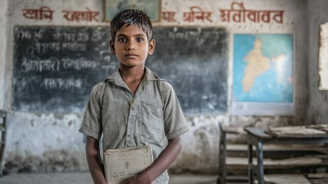 Rural Schoolboy: A young boy stands thoughtfully in a rustic classroom, holding a book, his gaze engaging the viewer. The blackboard displays writing and a map.