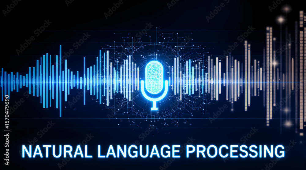 Aufkleber digital microphone emitting audio waves, representing speech recognition, with natural language proc