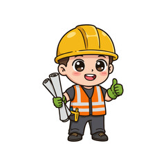 Cartoon builder wearing yellow helmet and holding tools in construction outfit