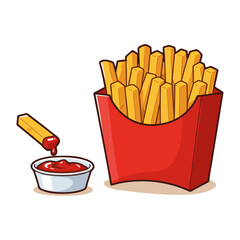 French fries in red box served with ketchup on white background