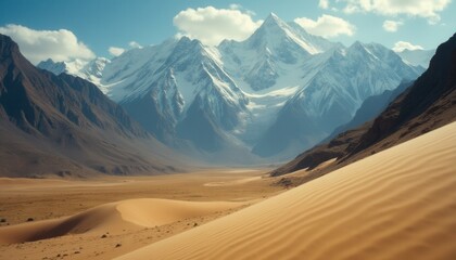 Majestic snow-capped mountains and serene sand dunes in desert