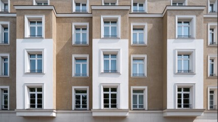 Fototapeta premium Clay brown ivory art deco residence with stylized rectangular windows soft midday light with balanced shadows crisp surface