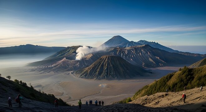 Majestic sunrise view of Mount Bromo's volcanic landscape in Indonesia, with hikers observing the active crater and surrounding peaks.