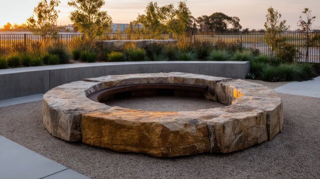 Circular sandstone bench ring surrounding soft gravel fire pit ambient sunset glow with textured stone crushed gravel detail
