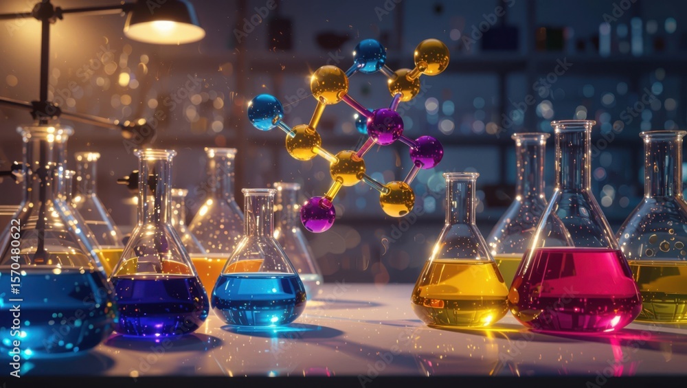Poster vibrant laboratory scene with colorful liquids in flasks and a glowing molecular structure overhead