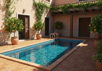 Fototapeta premium A swimming pool surrounded by orange trees and a building with climbing vines in a courtyard