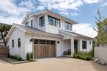 Coastal barn-inspired house with whitewashed siding top light on horizontal boards reflective gravel neutral tones with soft contrast