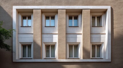 Fototapeta premium Clay brown ivory art deco residence with stylized rectangular windows soft midday light with balanced shadows crisp surface
