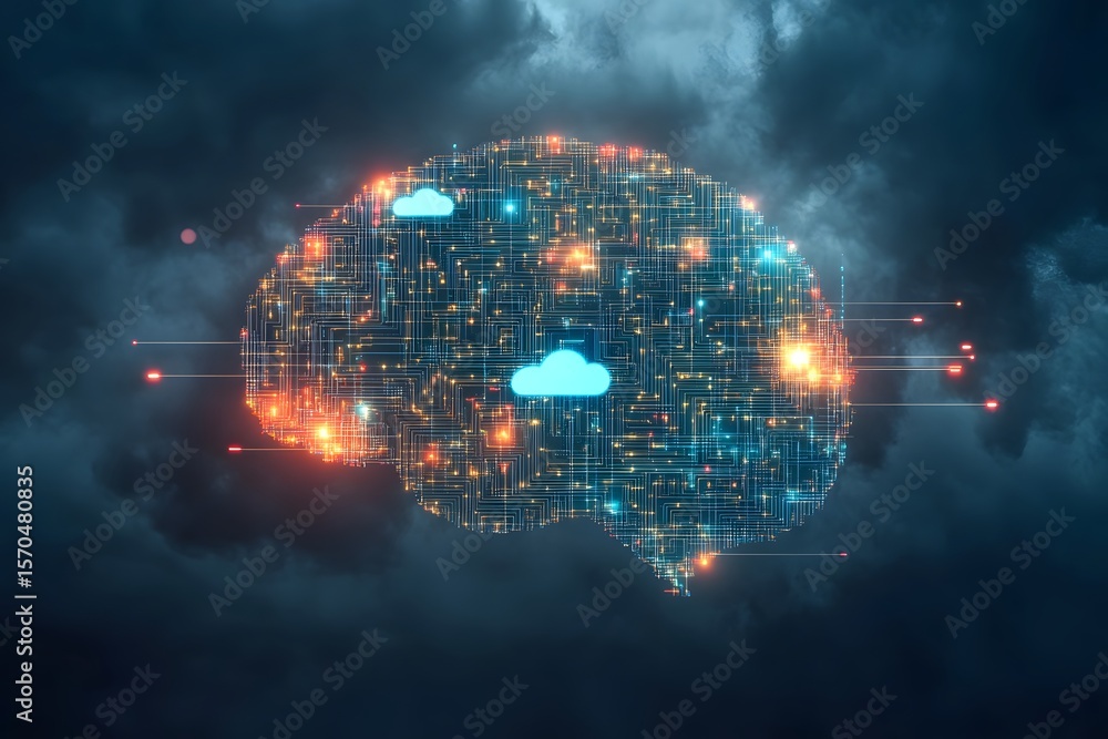 Aufkleber conceptual brain made of circuits and cloud icons symbolizing in business and innovation
