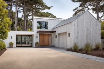 Coastal barn-inspired house with whitewashed siding top light on horizontal boards reflective gravel neutral tones with soft contrast