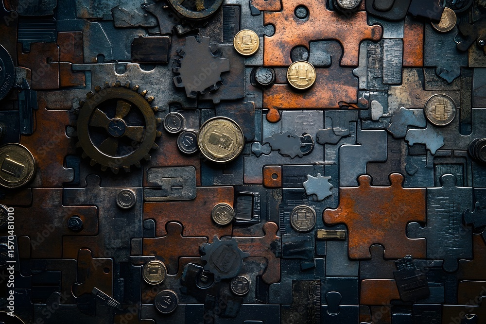 Poster conceptual puzzle of coins gears and circuit boards symbolizing financial systems and digital transf