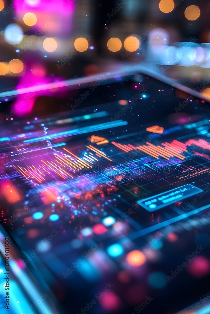 Poster conceptual transparent tablet displaying holographic charts and data