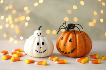 Photo-Realistic Halloween Pumpkin and Ghost Decor with Candy Corn on Light Bokeh Background