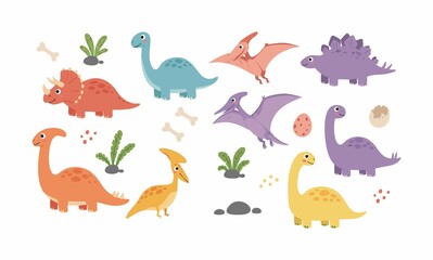 Set of cute cartoon dinosaurs and animals in a fun illustrated style