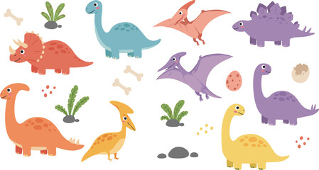 Set of cute cartoon dinosaurs and animals in a fun illustrated style