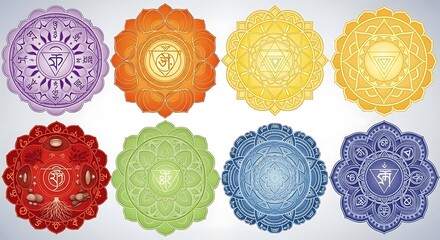 Fototapeta premium Colorful Chakra Symbols Art, Ornamental Medallions for Spiritual Wellness
