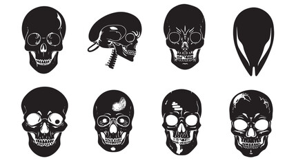 Silhouettes Human and alien skulls , black silhouettes isolated on white background