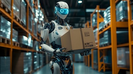 Futuristic robot handling delivery boxes in a high tech warehouse