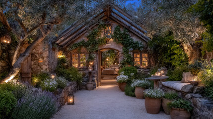 Fototapeta premium Charming cottage surrounded by lush greenery and soft lighting creates serene atmosphere. inviting entrance is adorned with flowers and lanterns