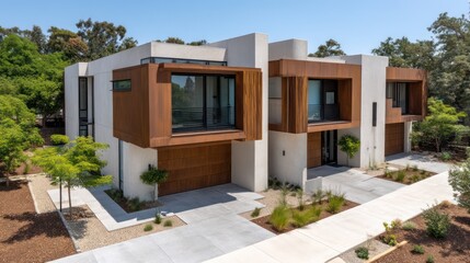 Compact duplex with fiber cement cladding corten steel panels overhead top-down sunlight creating sharp geometric shadow paths neutral