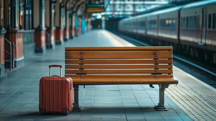 Suitcase next to wooden bench on empty train platform.
