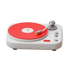 A white turntable with a red record is isolated on white background