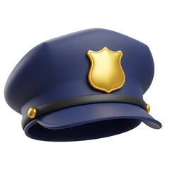 A blue police cap with a golden badge sits isolated on a white background