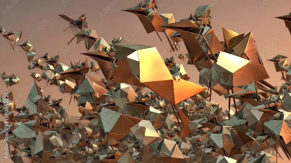 Wall mural abstract flock of geometric birds soaring through a sunset sky, creating a dynamic visual spectacle