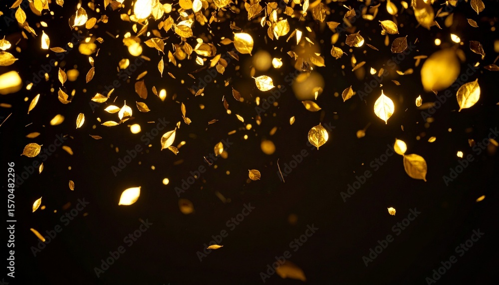 Poster luxurious panoramic background of glowing golden leaves falling against a dark black backdrop. magic