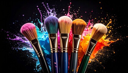 Dynamic explosion of colorful paint splashes surrounding a set of professional makeup brushes. Creative beauty and cosmetics concept on a dramatic black background.
