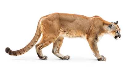 Sleek mountain lion stalking on white. Ideal for wildlife, nature, and powerful animal themes.