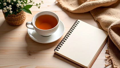 Cozy morning scene with a white cup of tea, blank spiral notebook, and fresh flowers on a light wood desk. Peaceful workspace flat lay for journaling, planning, or creative writing.