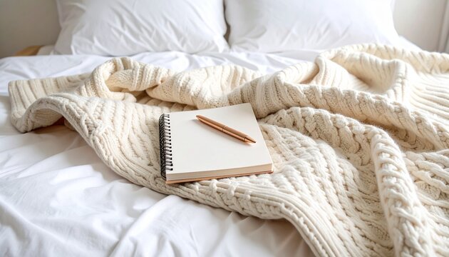 Cozy morning journaling scene with blank spiral notebook and rose gold pen on a soft, chunky cream cable knit blanket in a bright, minimalist bedroom.