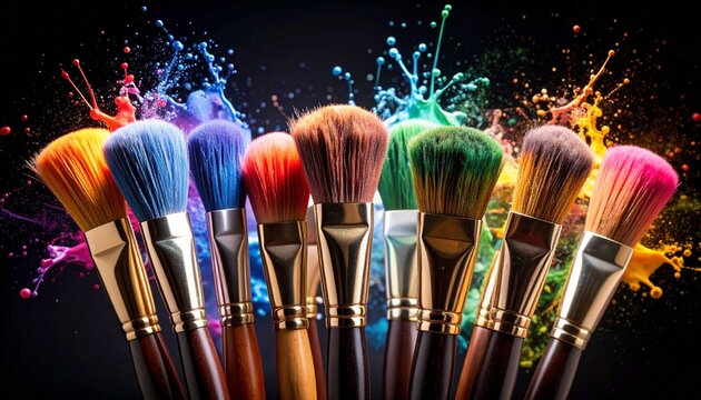 Vibrant array of colorful makeup and artist brushes with a dynamic explosion of rainbow paint splashes. Creative concept for beauty and art on a dramatic black background.