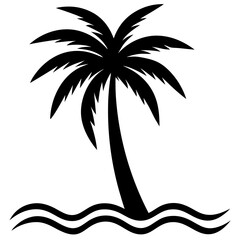 Black silhouette of a palm tree with wavy water lines at the base