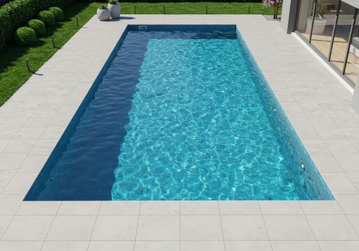 Aerial view of a rectangular swimming pool with turquoise water surrounded by white tiles and greenery