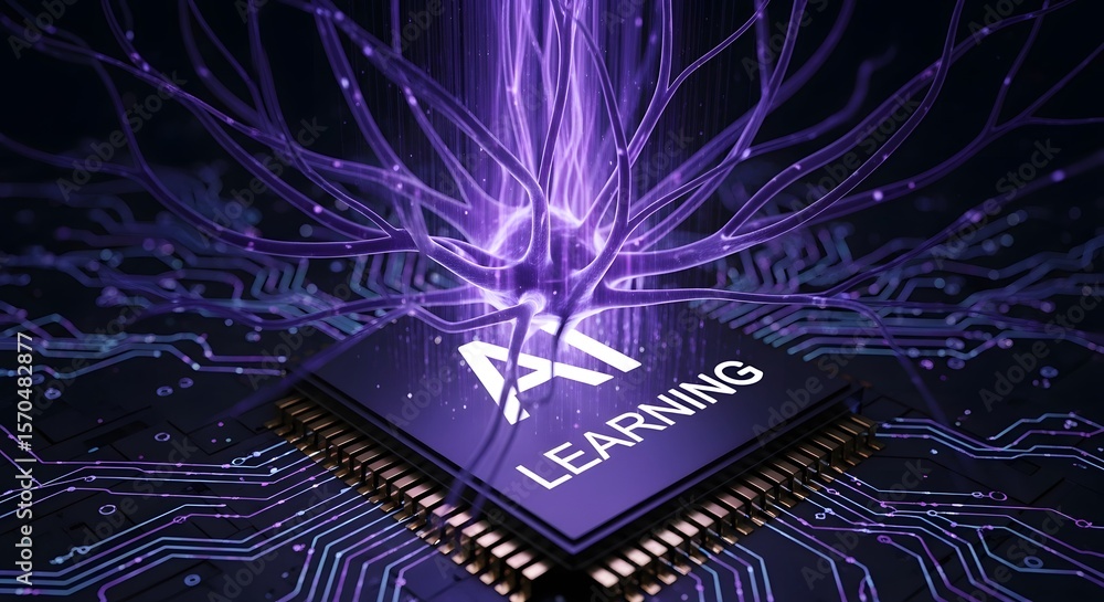 Poster ai learning text on a microchip with glowing purple energy and circuit board background.