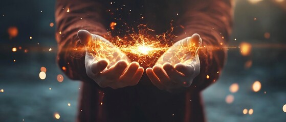Captivating luminous energy between cupped hands, symbolising creation and connection