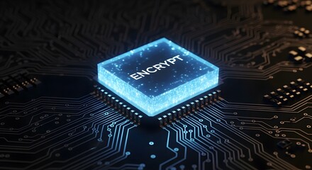 High-tech computer chip with glowing ENCRYPT text on a circuit board.
