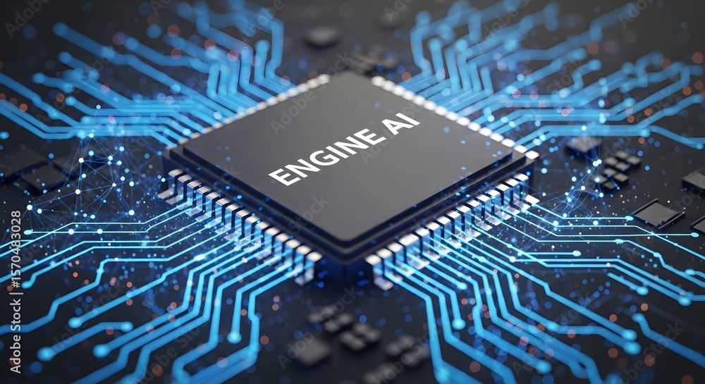 Poster a close-up reveals a sophisticated ai engine microchip, nestled within intricate circuitry, glowing 